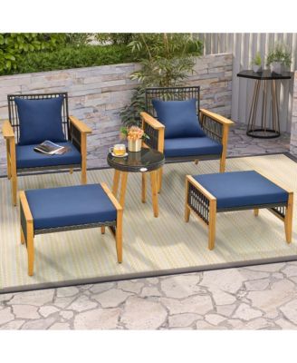 5 Pcs Patio Acacia Wood Wicker Woven Furniture Set with Coffee Table & 2 Ottomans