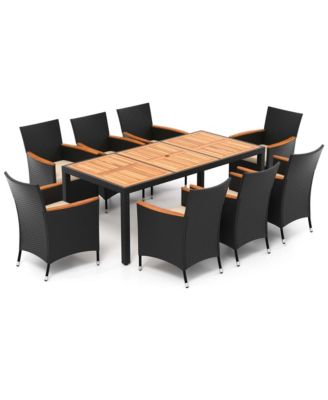 9 PCS Outdoor Dining Set with Acacia Wood Tabletop, Umbrella Hole, Seat Cushions