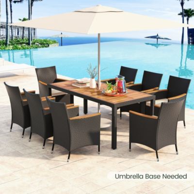 9 PCS Outdoor Dining Set with Acacia Wood Tabletop, Umbrella Hole, Seat Cushions