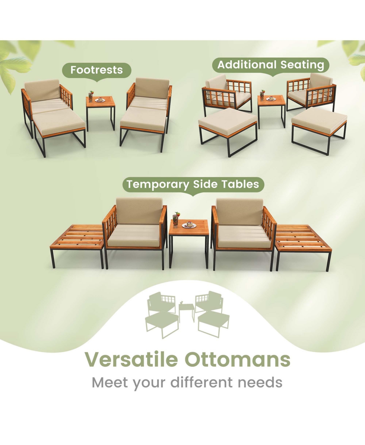 Costway 5 Pcs Acacia Wood Patio Furniture Set with Ottomans Soft Cushions & Coffee Table -khaki