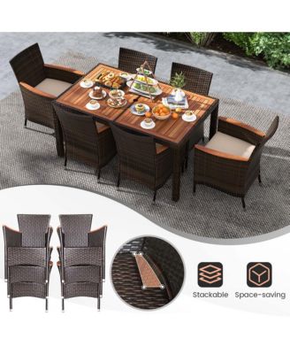 7 Pieces Outdoor Wicker Dining Set with Acacia Wood Table and 6 Stackable Chairs