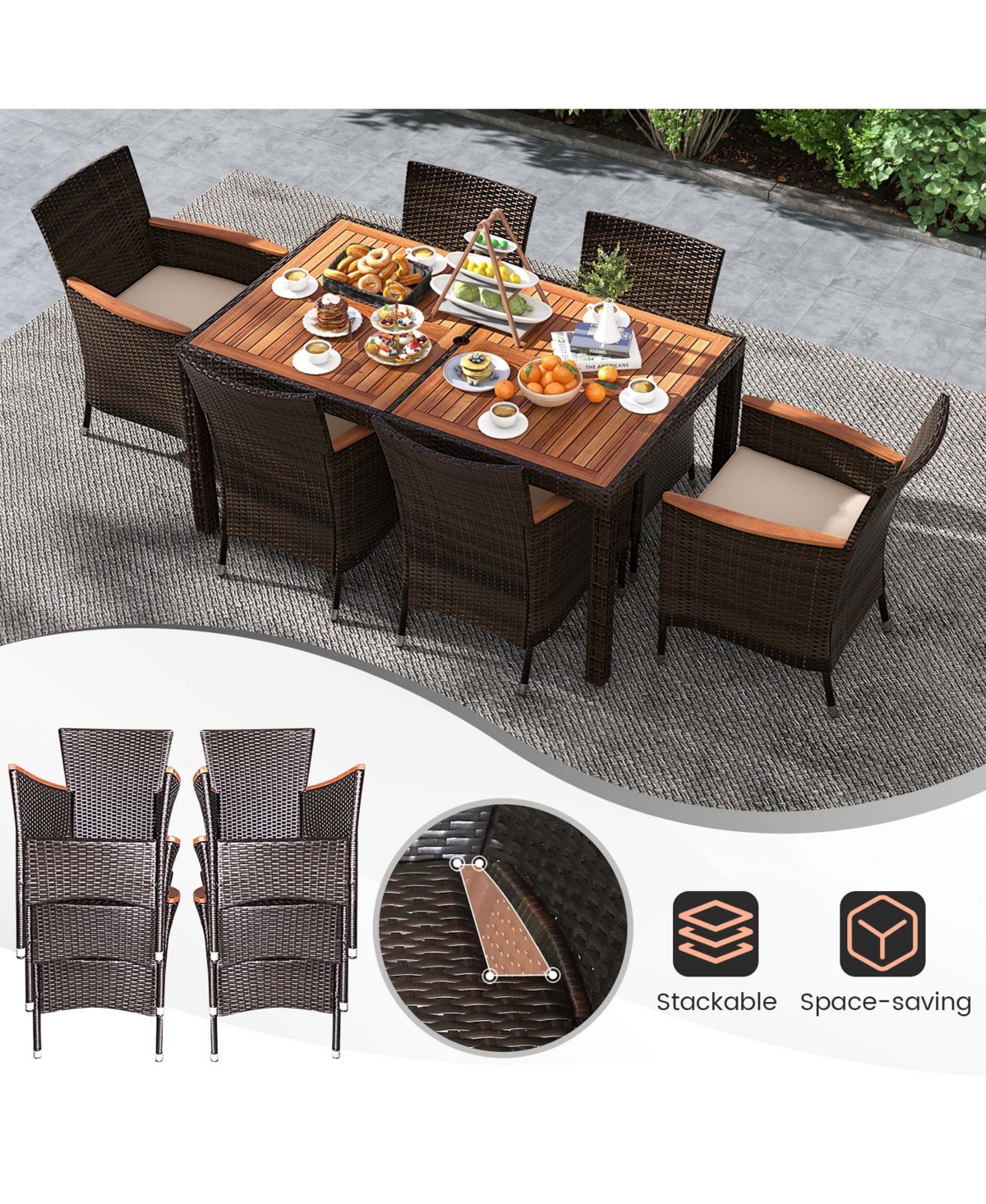 Costway 7 Pieces Outdoor Wicker Dining Set with Acacia Wood Table and 6 Stackable Chairs -khaki