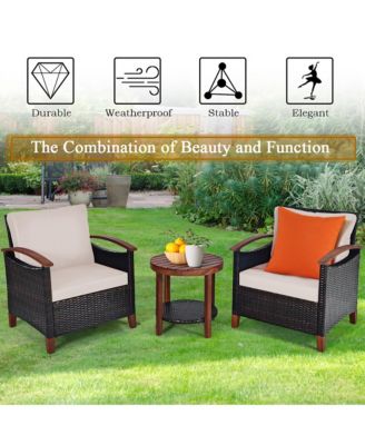 3PCS Patio Wicker Sofa Set Acacia Wood Frame
