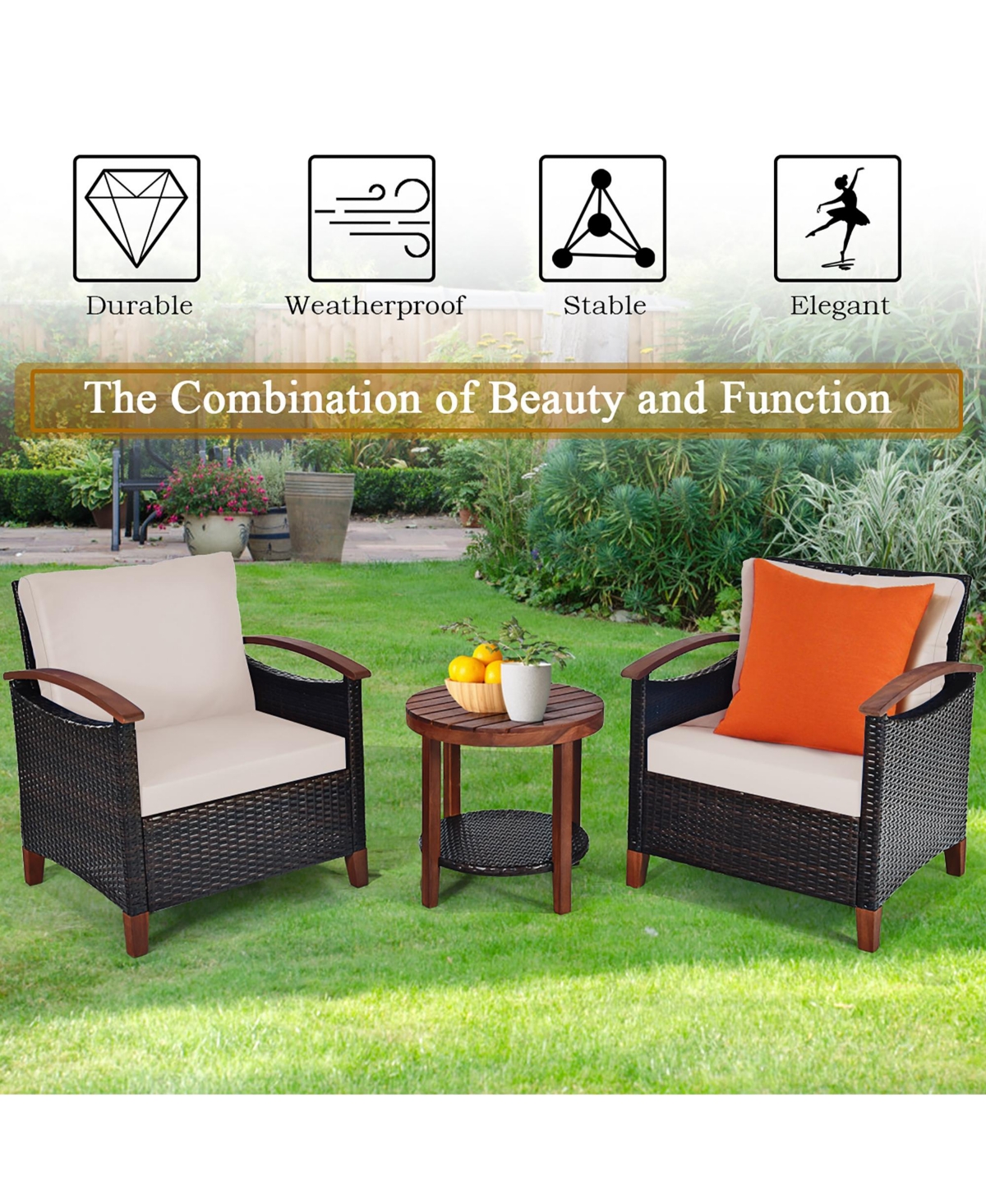 Costway 3PCS Patio Wicker Sofa Set Acacia Wood Frame -khaki