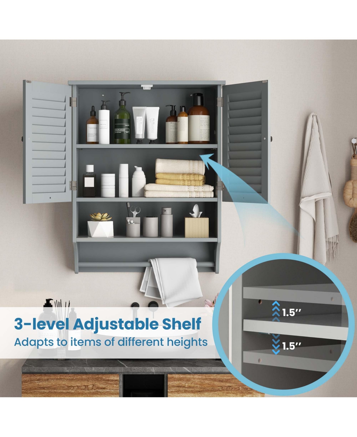 Costway Bathroom Wall Mounted Medicine Cabinet with Louvered Doors & Towel Bar