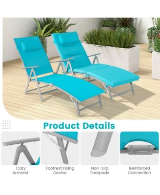 Outdoor Folding Chaise Lounge Chair Recliner Cushion Pillow Adjustable