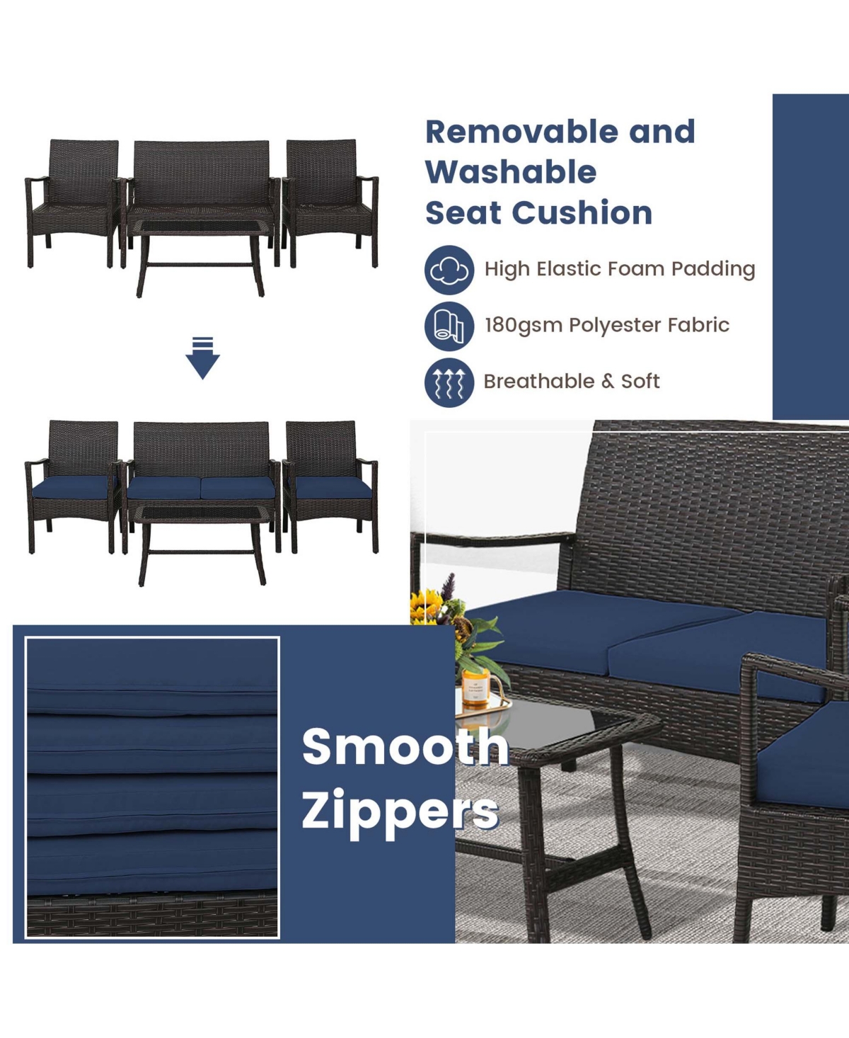 Costway 4PCS Patio Rattan Wicker Furniture Set Cushioned Sofa Armrest Coffee Table