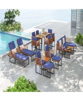 3pcs Patio Acacia Wood Bistro Conversation Cushioned Chair & Table Set Outdoor