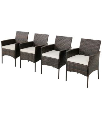 Set of 4 Patio Rattan Dining Chairs Cushioned Seat Curved Armrests