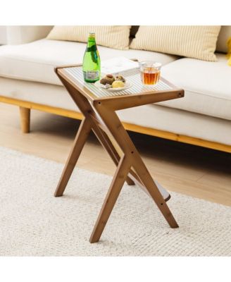 Rattan Side Table Bamboo Accent Bedside Table with Tempered Glass Top