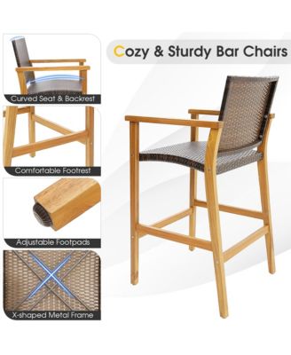 2PCS Patio PE Wicker Bar Chairs Height Barstools with Acacia Wood Armrests