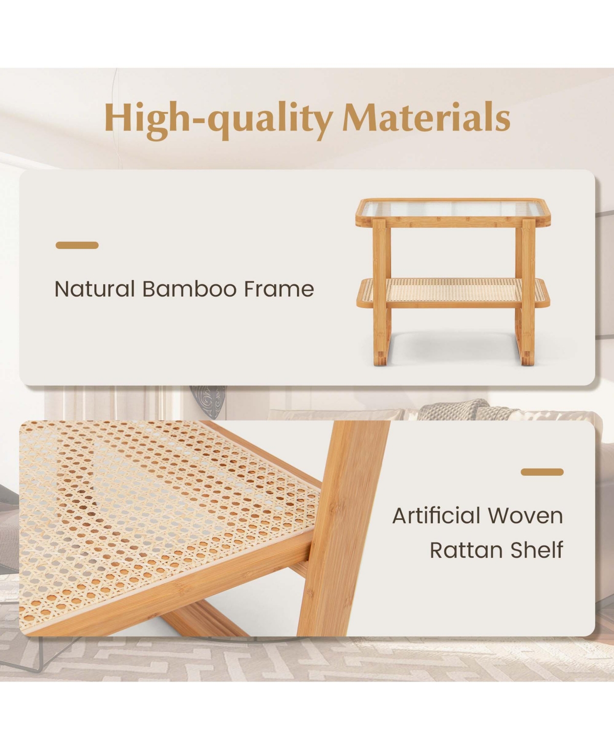 1 Pc Bamboo Side Table with Rattan Shelf Glass Top Nightstand Sofa End Table