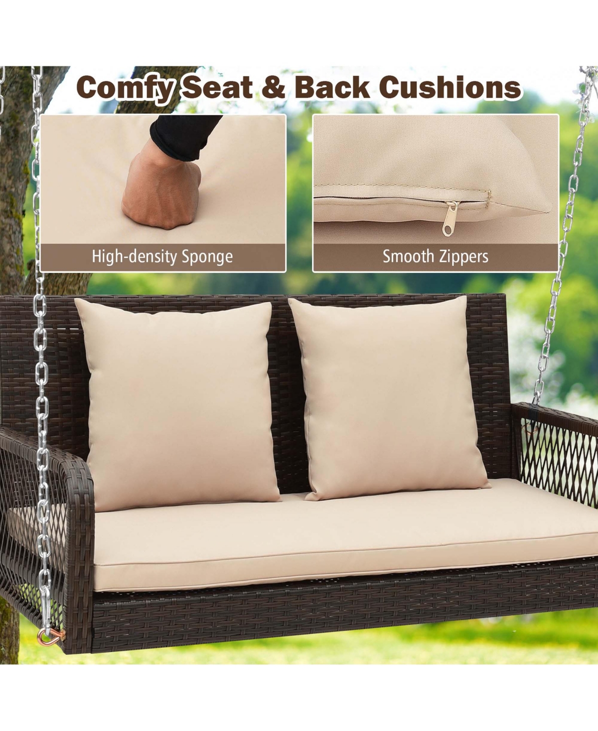 Patio Wicker Porch Swing 2-Person Hanging Loveseat Bench Chair with Cushions -khaki