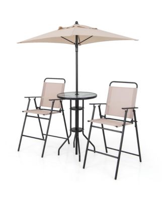 4PCS Patio Bistro Set Folding Counter Height Chairs Round Bar Table& Umbrella