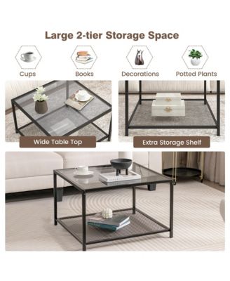 Glass Coffee Table 27.5 Inch 2-Tier Square with Mesh Shelf Living Room