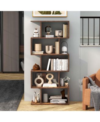 1 PC 5-Tier Bookshelf Geometric S-Shaped Bookcase Room Divider Storage Display Shelf
