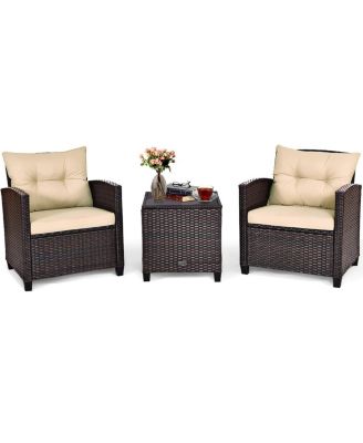 3PCS Patio Rattan Furniture Set Cushioned Sofa Coffee Table Garden