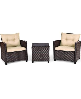 3PCS Patio Rattan Furniture Set Cushioned Sofa Coffee Table Garden