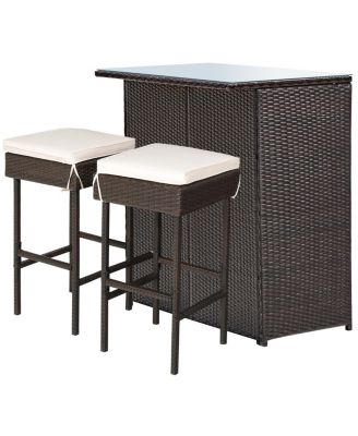 3PCS Patio Rattan Wicker Bar Table Stools Dining Set Cushioned