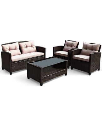 4pcs Outdoor Rattan Furniture Set Cushioned Sofa w/Armrest Home
