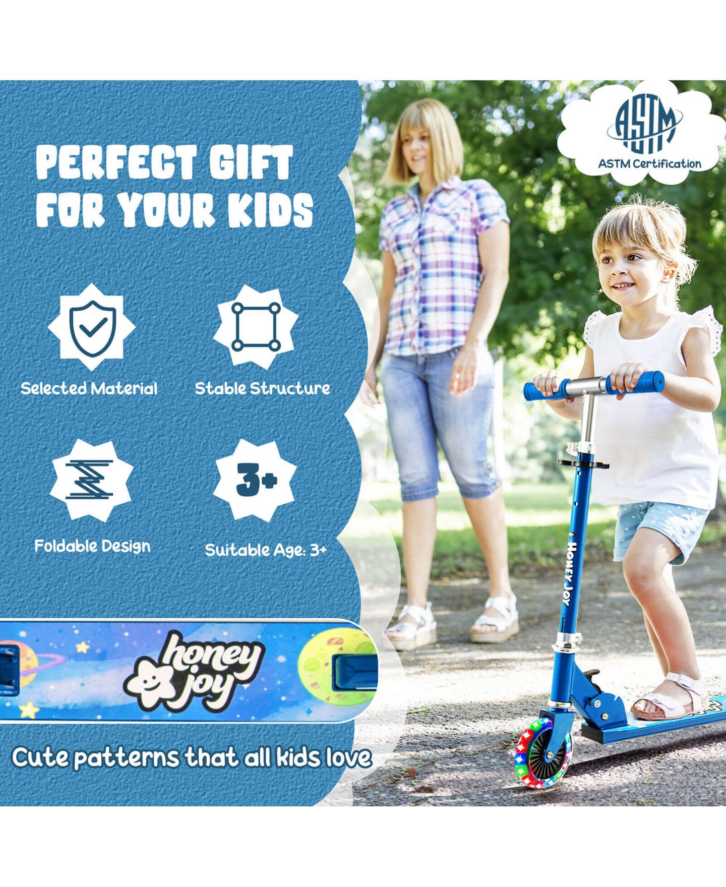 Детская игрушка Costway Folding Adjustable Height Kids Toy Kick Scooter Rear Brake 2 Flashing, цвет: Синий — фото 4