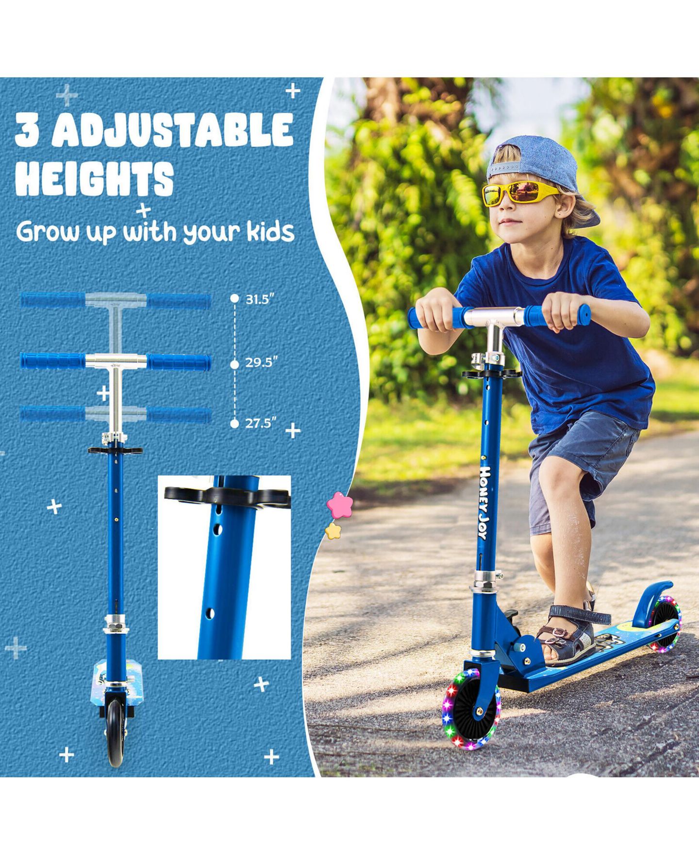 Детская игрушка Costway Folding Adjustable Height Kids Toy Kick Scooter Rear Brake 2 Flashing, цвет: Синий — фото 7