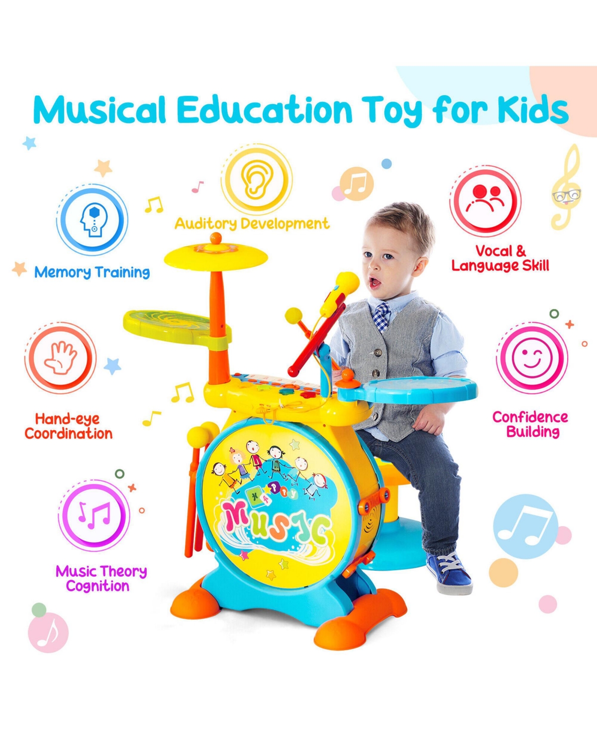 Costway 2-in-1 Kids Electronic Drum Kit Music Instrument Toy w/ Keyboard Microphone