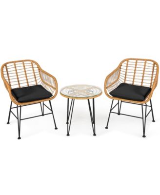 3PCS Patio Rattan Bistro Furniture Set Cushioned Chair Table