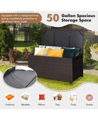 50 Gallon Patio Rattan Wicker Storage Deck Box Container Wheels W/Liner