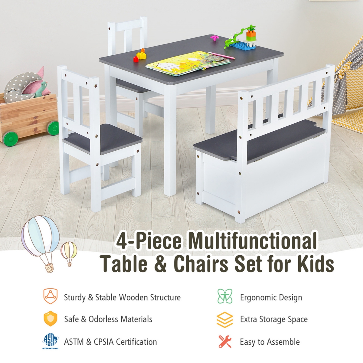 4 Pcs Kids Wooden Activity Table & Chairs Set w/ Storage Bench Study Desk