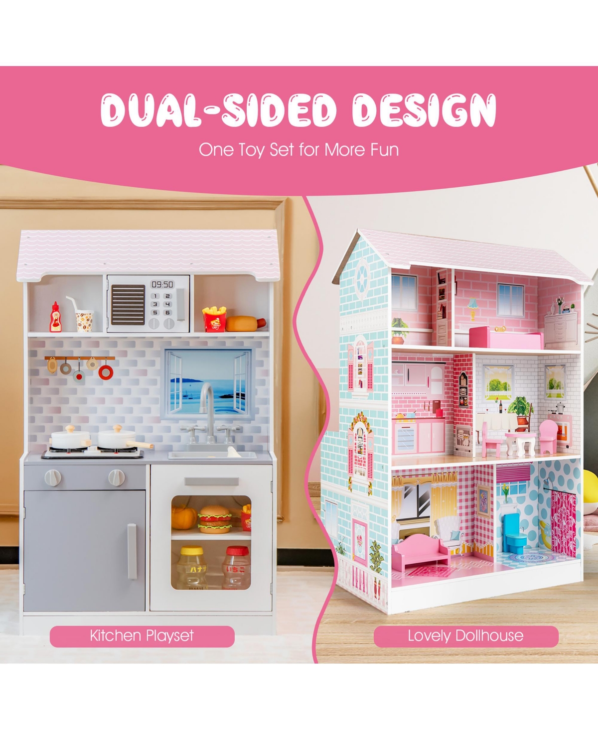 Costway 2-In-1 Double Sided Kids Kitchen Playset & Dollhouse W/ Accessories & Furniture