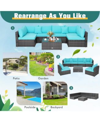 7PCS Patio Rattan Furniture Set Sectional Sofa Cushioned Garden