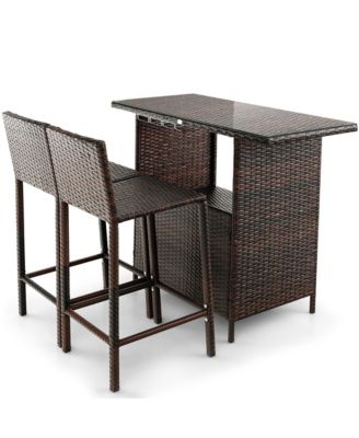 Patio 3PCS Wicker Bar Set Height Table Two Stools with 3 Rows Stemware Racks Garden