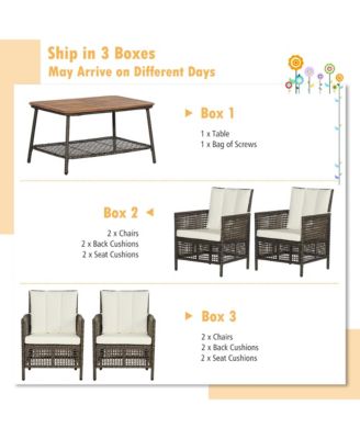 5PCS Patio Rattan Furniture Set Cushioned Sofa Armrest Wooden Tabletop