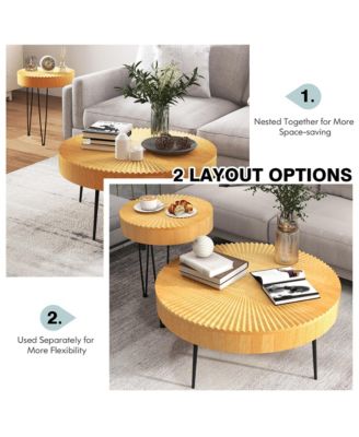 Farmhouse Round Coffee Table Set of 2 End Table Natural Finish for Living Room