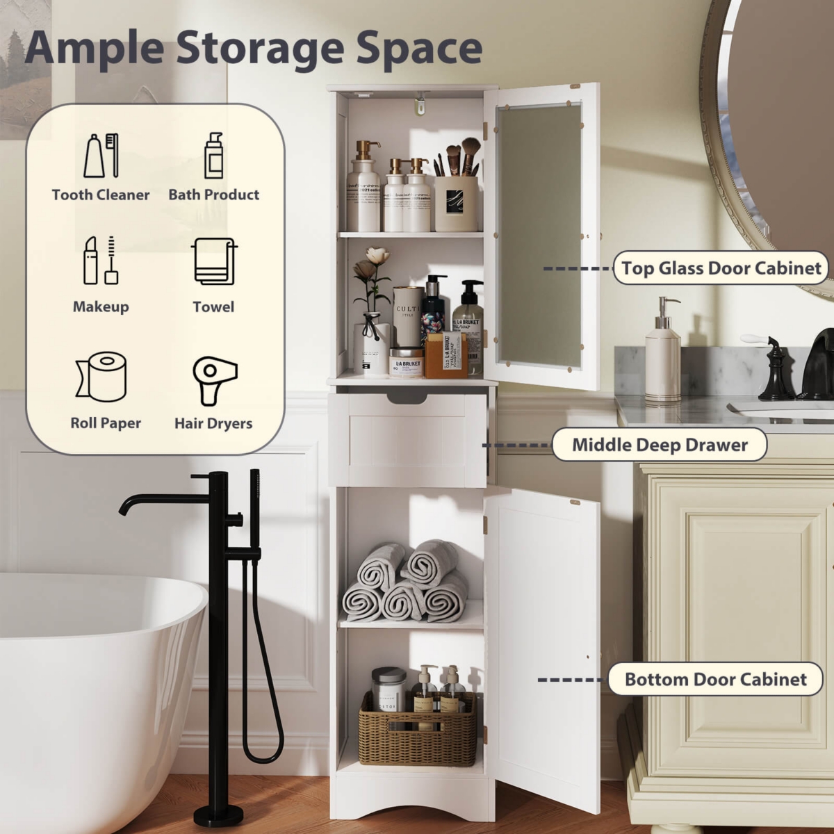 Costway Bathroom Tall Cabinet Freestanding Linen Tower with Doors & Drawer