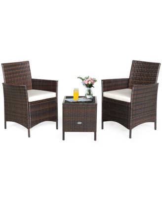 3PCS Patio Rattan Furniture Set Cushioned Sofa Glass Tabletop Deck