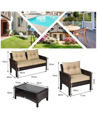 4PCS Rattan Wicker Patio Conversation Set Cushioned Outdoor Furniture Set