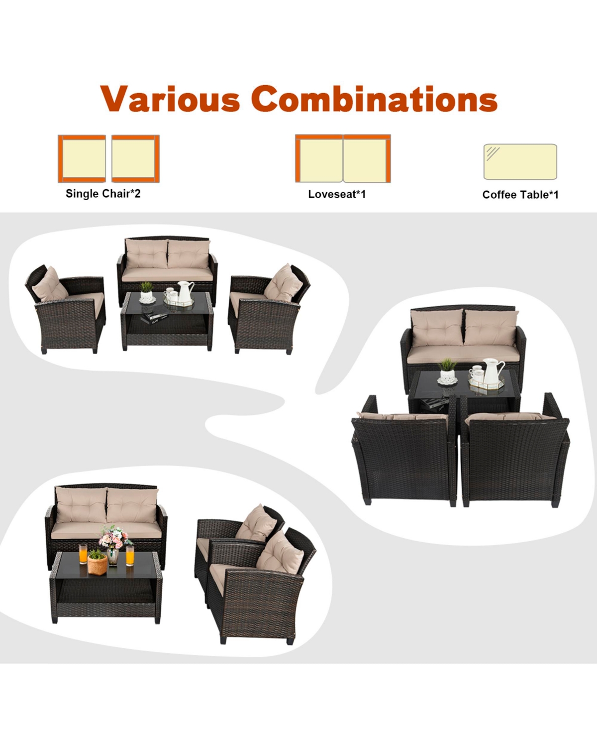 Gymax 4pcs Patio Rattan Conversation Set Cushioned Outdoor Furniture Set - Light beige+brown