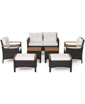 7PCS Rattan Patio Conversation Furniture Set Cushioned Outdoor Wicker Sofa Set