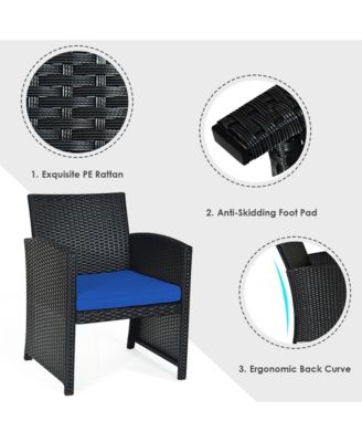 4PCS Rattan Outdoor Conversation Set Patio Furniture Set w/ Navy Cushions