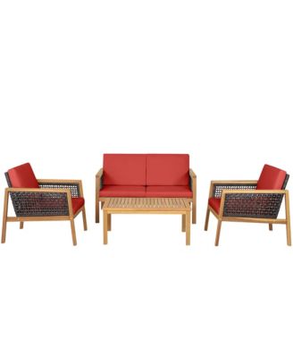 4PCS Patio Acacia Wood Furniture Set PE Rattan Conversation Set w/ Red Cushions