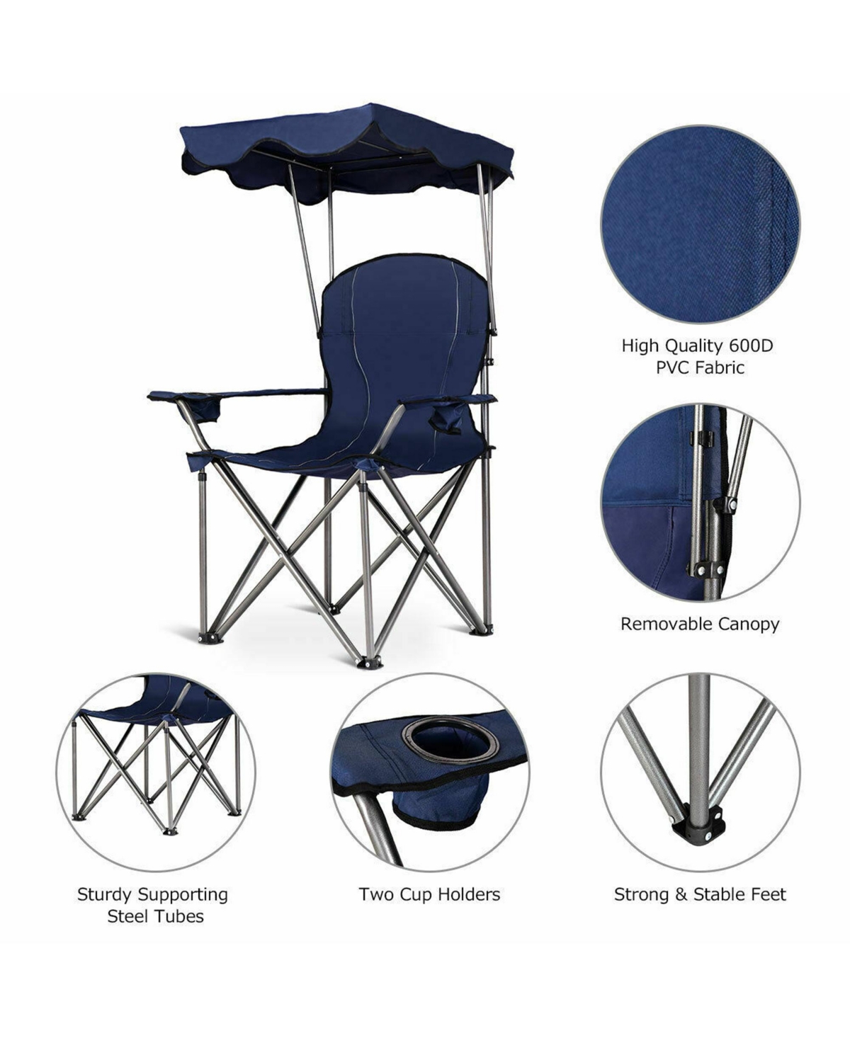 Gymax Folding Canopy Camping Chair Portable Beach Chair w/ Carrying Bag- Blue