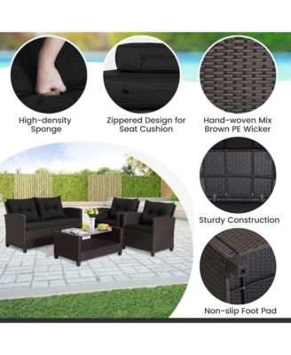 4PCS Outdoor Conversation Set Patio PE Rattan Set w/ Glass Table & Sofa Cushions
