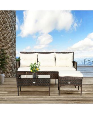 3PCS Patio Rattan Sectional Conversation Furniture Set w/ Off White Cushions