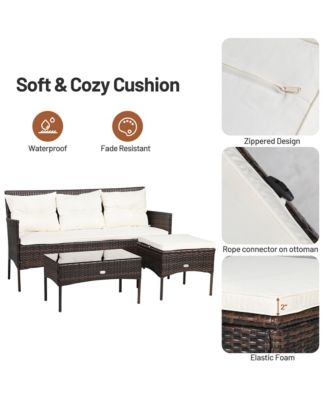 3PCS Patio Rattan Sectional Conversation Furniture Set w/ Off White Cushions