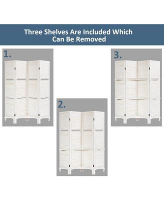 4 Panel Folding Room Divider Screen W/3 Display Shelves 5.6 Ft Tall