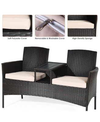 Patio Rattan Conversation Set Loveseat Sofa Cushioned Coffee Table