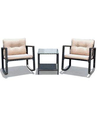 3PC Patio Rattan Conversation Set Rocking Chair Cushioned