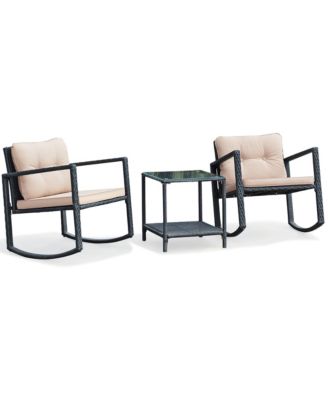3PC Patio Rattan Conversation Set Rocking Chair Cushioned